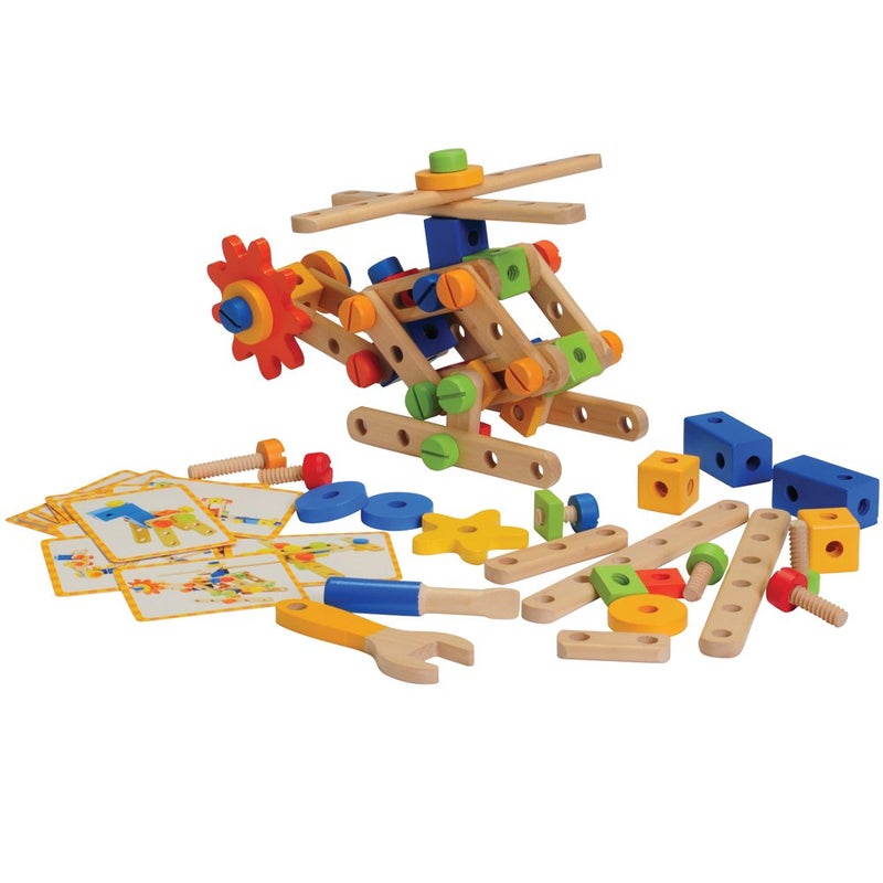 Constructive Playthings Wood Stress Nut and Bolt Builder with Activity Cards, Building Toys for Toddlers, Early STEM and Fine Motor Skills, 84-Piece Kids Playset, Ages 3 Years Plus - Image 1